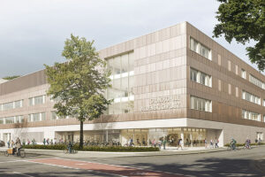 Außenvisualisierung des mehrgeschossigen Schulneubaus mit vollständiger Darstellung aller Ebenen, straßenseitiger Eingangszone sowie Einblick in die Bibliothek im Erdgeschoss mit Fassadengestaltung in Holzoptik.