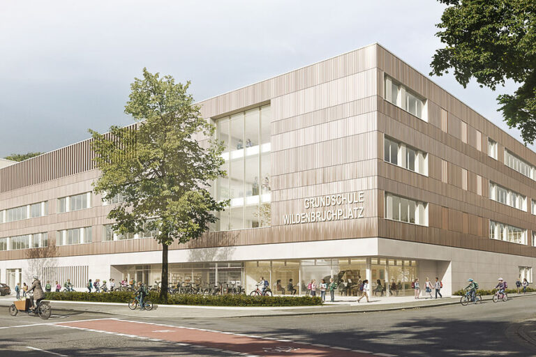 Außenvisualisierung des mehrgeschossigen Schulneubaus mit vollständiger Darstellung aller Ebenen, straßenseitiger Eingangszone sowie Einblick in die Bibliothek im Erdgeschoss mit Fassadengestaltung in Holzoptik.