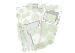 Lageplan mit Bestandsgebäude, Neubaukörper, Wegeführung und dargestelltem Baumbestand